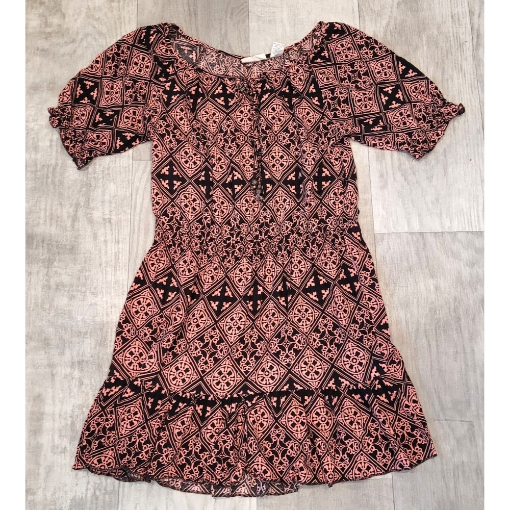 Allison Brittney Boho Ruffle Hem Dress Size L Drop Waist Geometric Black Coral
